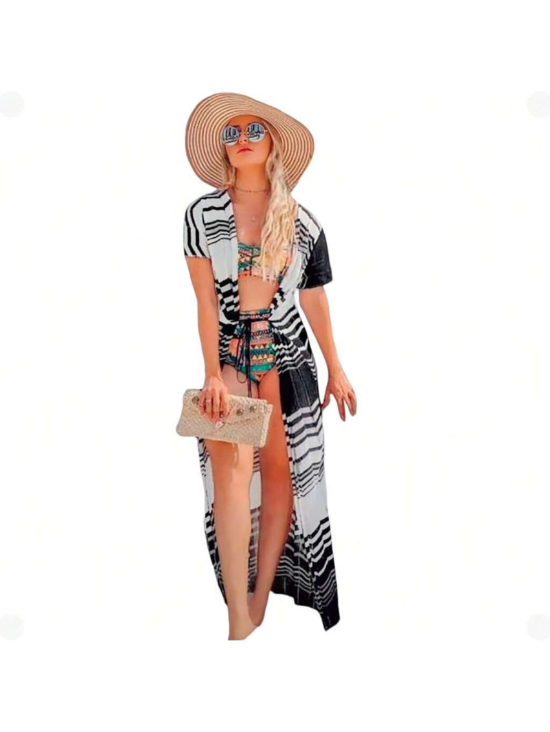 Saída Praia Longa Kimono Zig Zag Moda Verão Canga Comprida