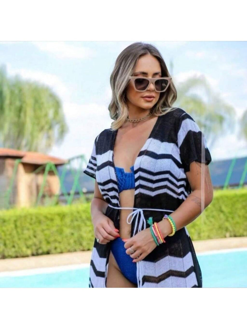 Saída Praia Longa Kimono Zig Zag Moda Verão Canga Comprida