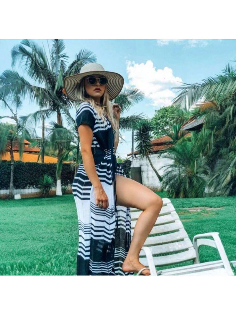 Saída Praia Longa Kimono Zig Zag Moda Verão Canga Comprida