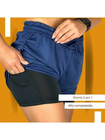 Shorts 2 em 1 Feminino Para Corrida e Academia e Bolsos Laterais Compressão