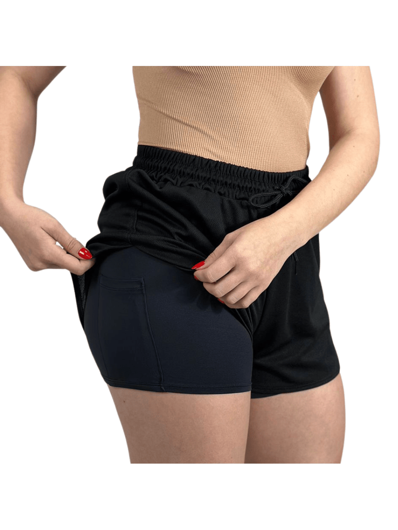 Shorts 2 em 1 Feminino Para Corrida e Academia e Bolsos Laterais Compressão