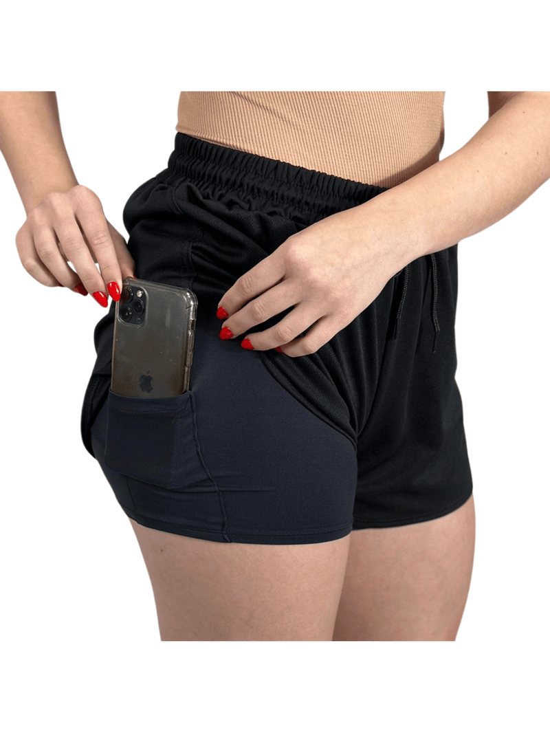 Shorts 2 em 1 Feminino Para Corrida e Academia e Bolsos Laterais Compressão