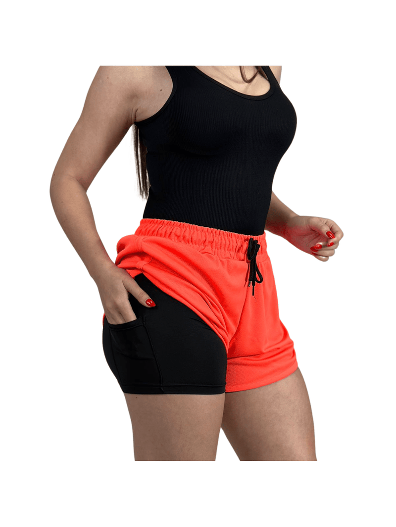 Shorts 2 em 1 Feminino Para Corrida e Academia e Bolsos Laterais Compressão