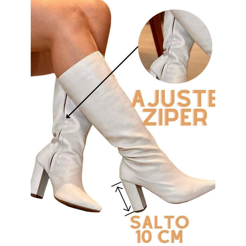 Bota Salto Alto de Couro Premium Alto Padrão Super Confortável Elegante Fechamento em Ziper